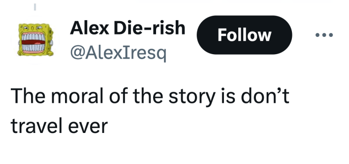 Twitter response, text reads, "The moral of the story is don’t travel ever"