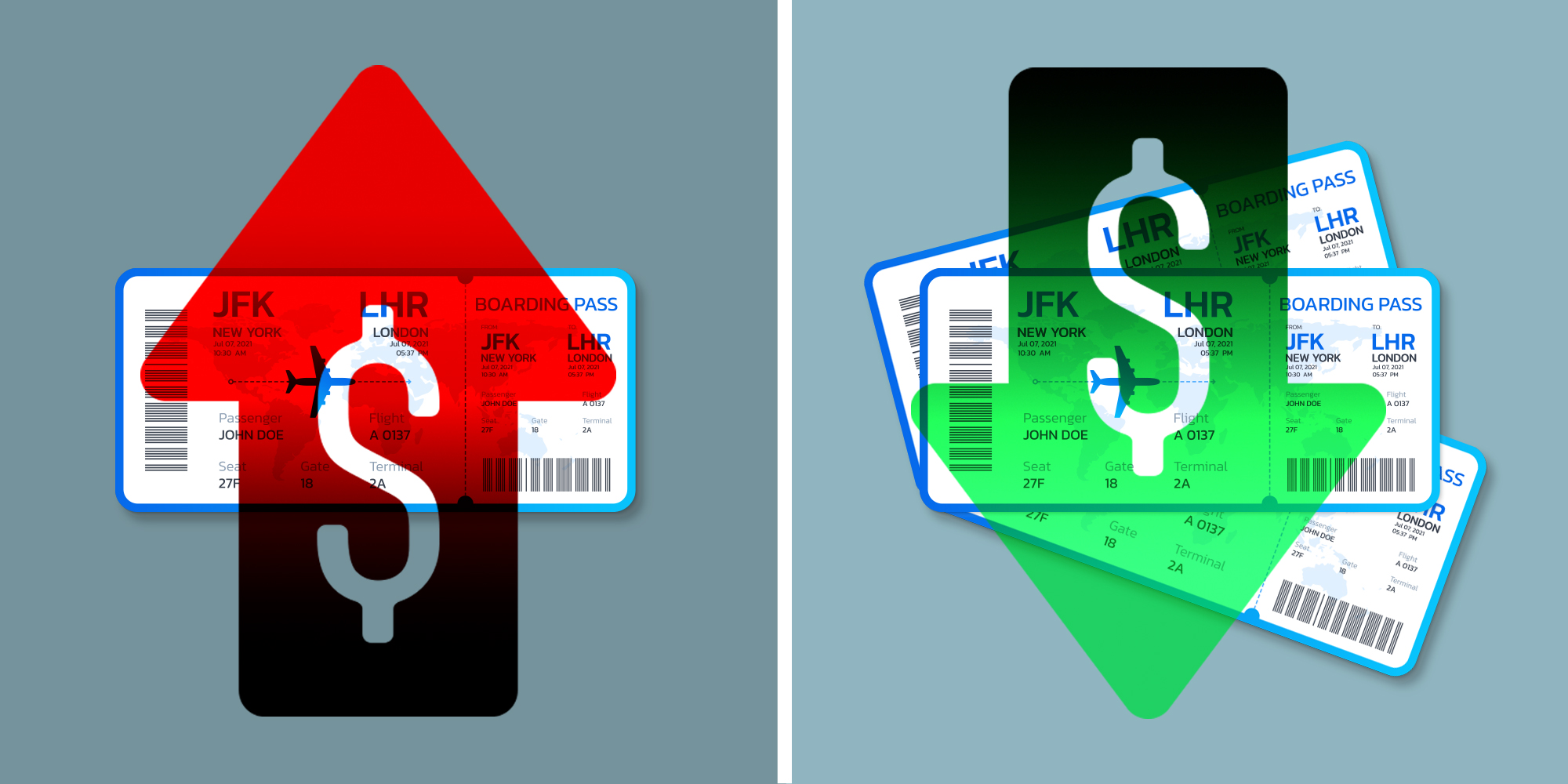 2 panel image of airline tickets.