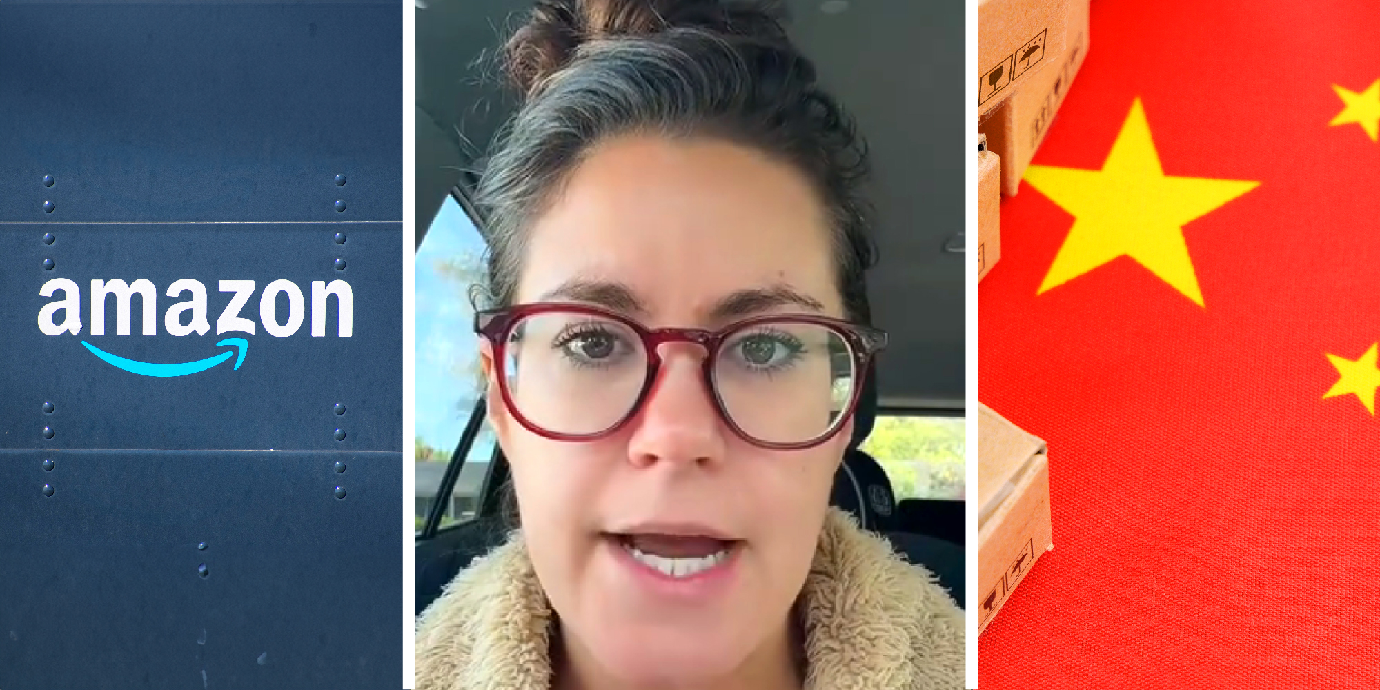 3 panel image: the Amazon logo, a person explaining, the Chinese flag.