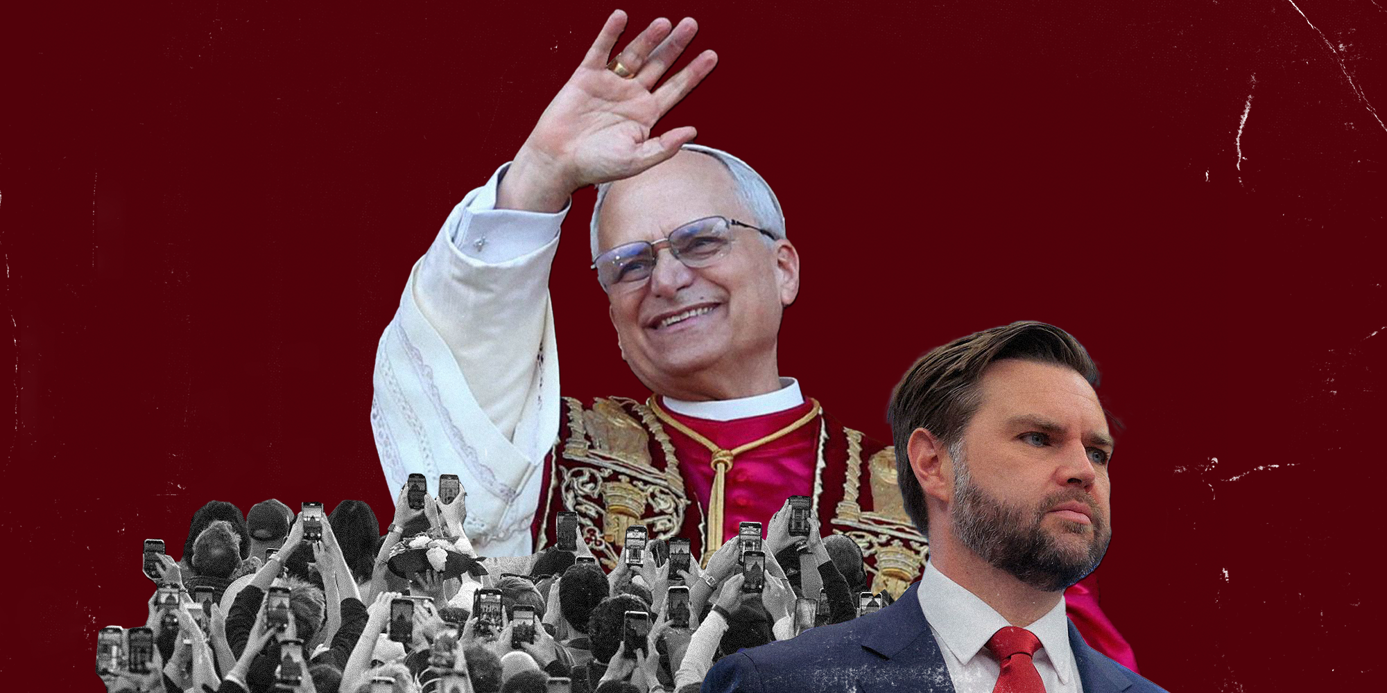 Photocollage of Pope Leo, JD Vance, and crowd holding phones