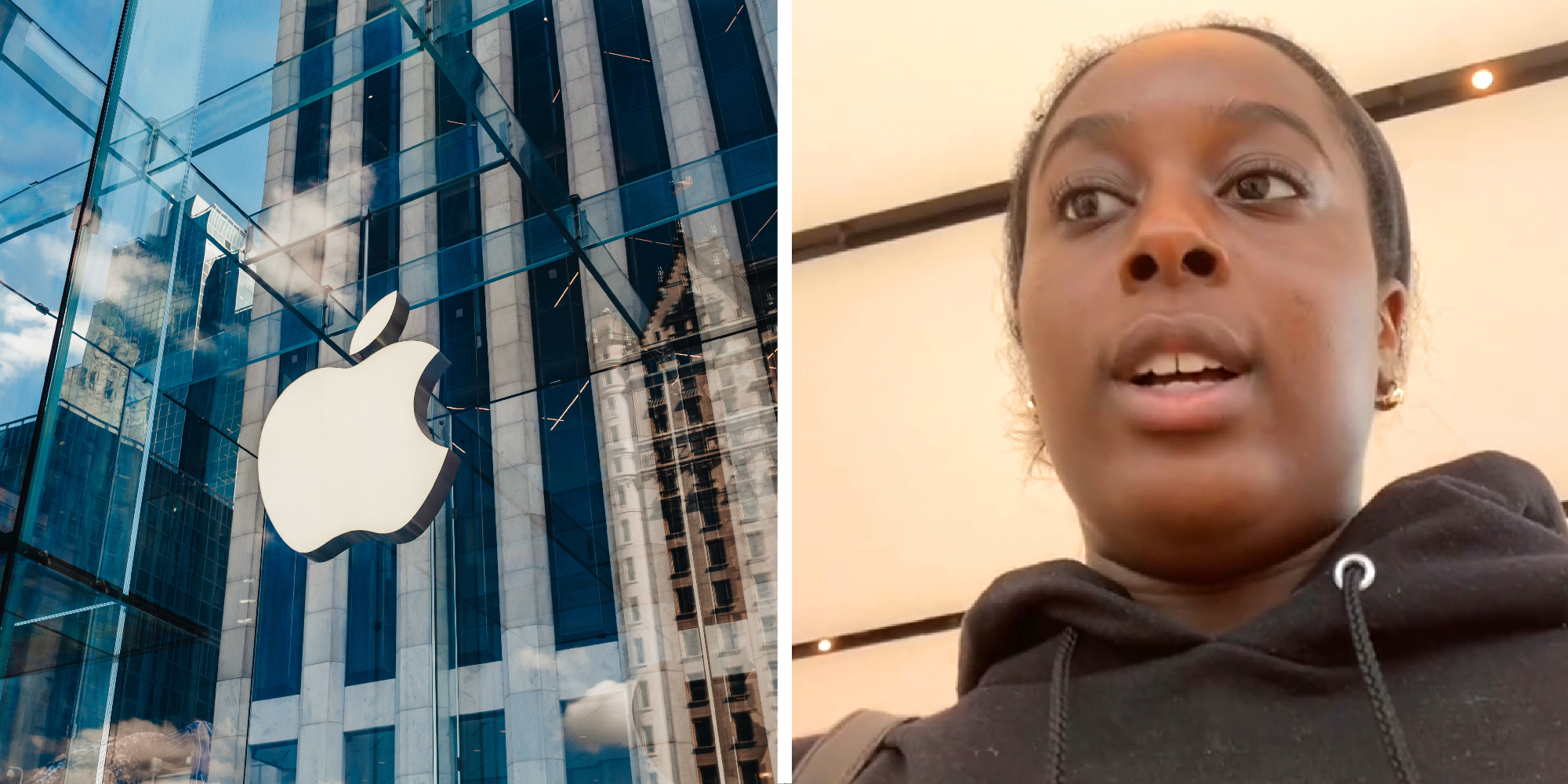 A two panel image: on the left is the exterior of a typical Apple brand store, on the right a person explains.