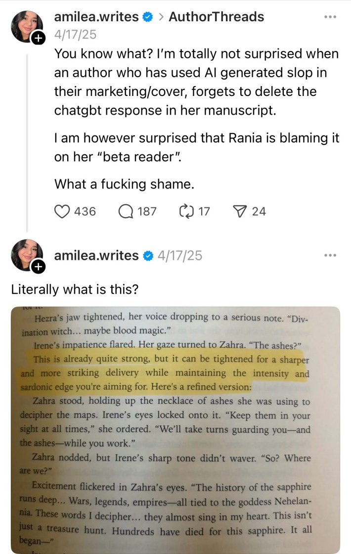 Sceenshot of a Threads posts accusing author Renia Faris of using generative AI in her book.