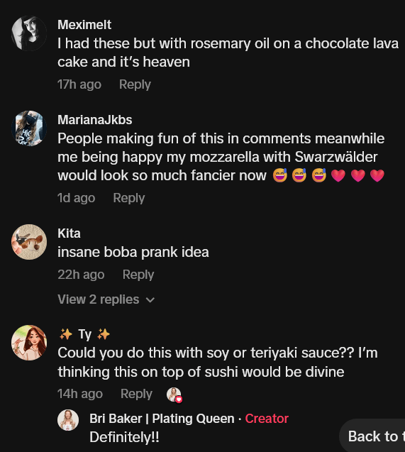 Balsamic pearls TikTok comments including one reading "Could you do this with soy or teriyaki sauce?? I’m thinking this on top of sushi would be divine"