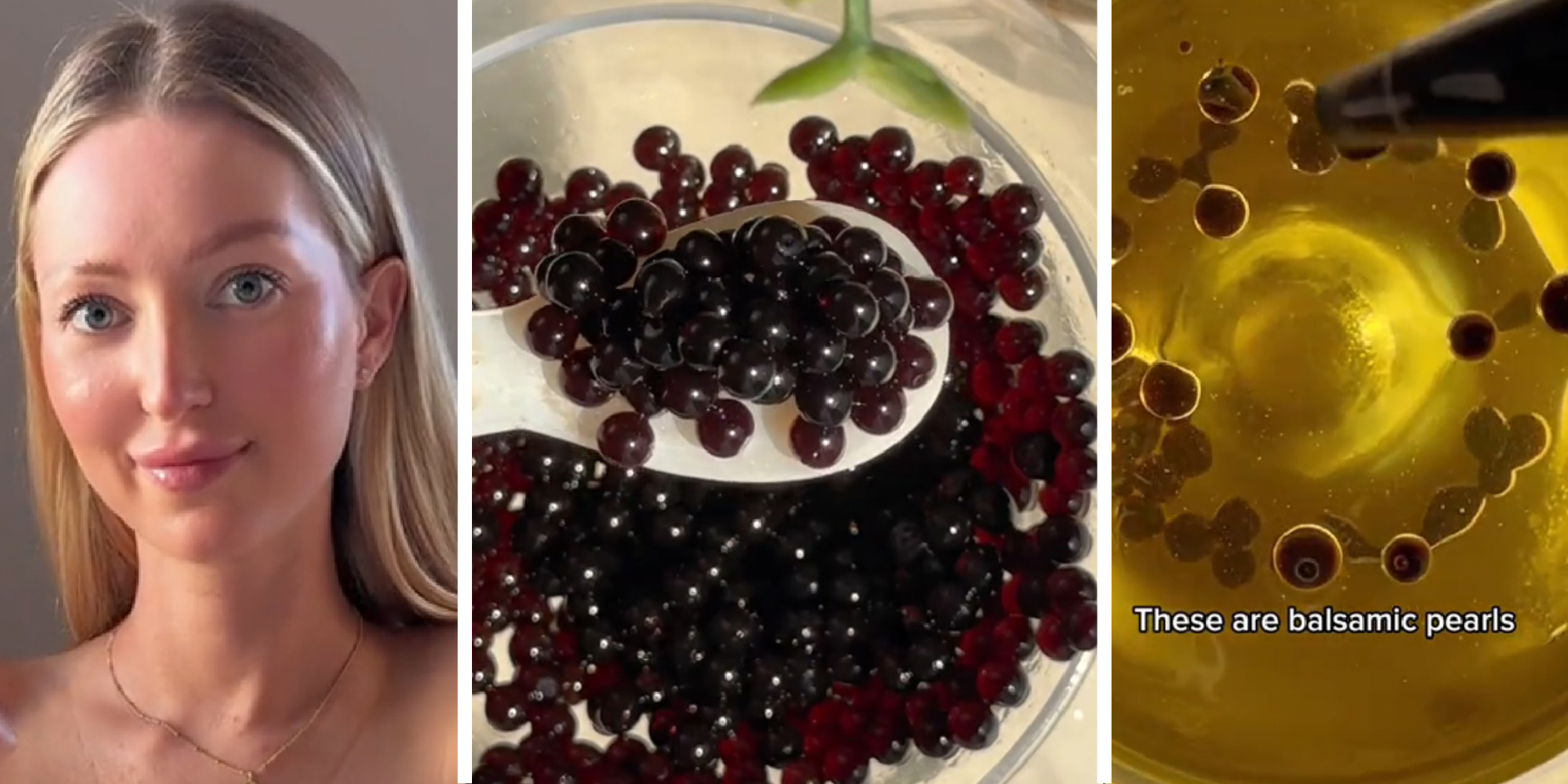 3 panel image of a person and balsamic pearls