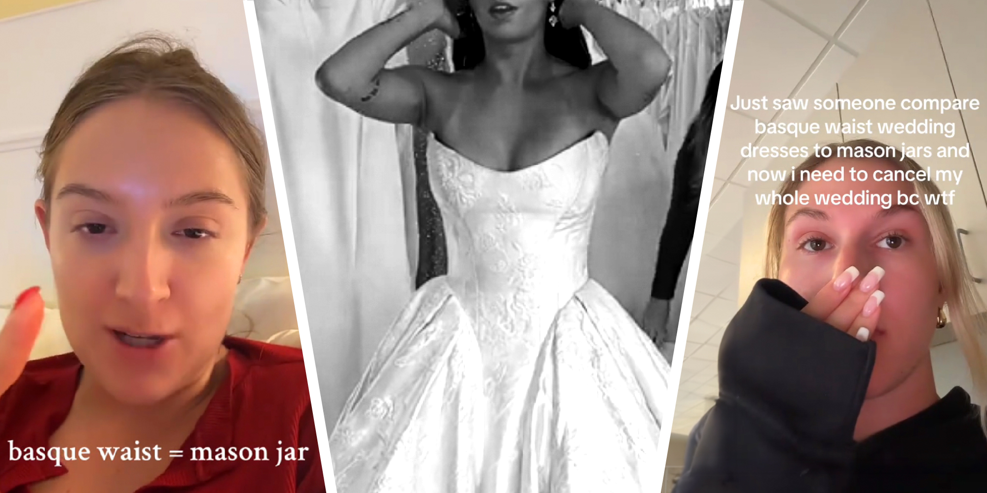 3 panel image showing a bridal dress with a basque waist and two people on the sides, explaining their point of view on the trend.
