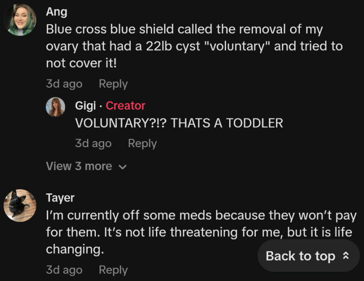 TikTok comments including one reading "Blue cross blue shield called the removal of my ovary that had a 22lb cyst "voluntary" and tried to not cover it!"