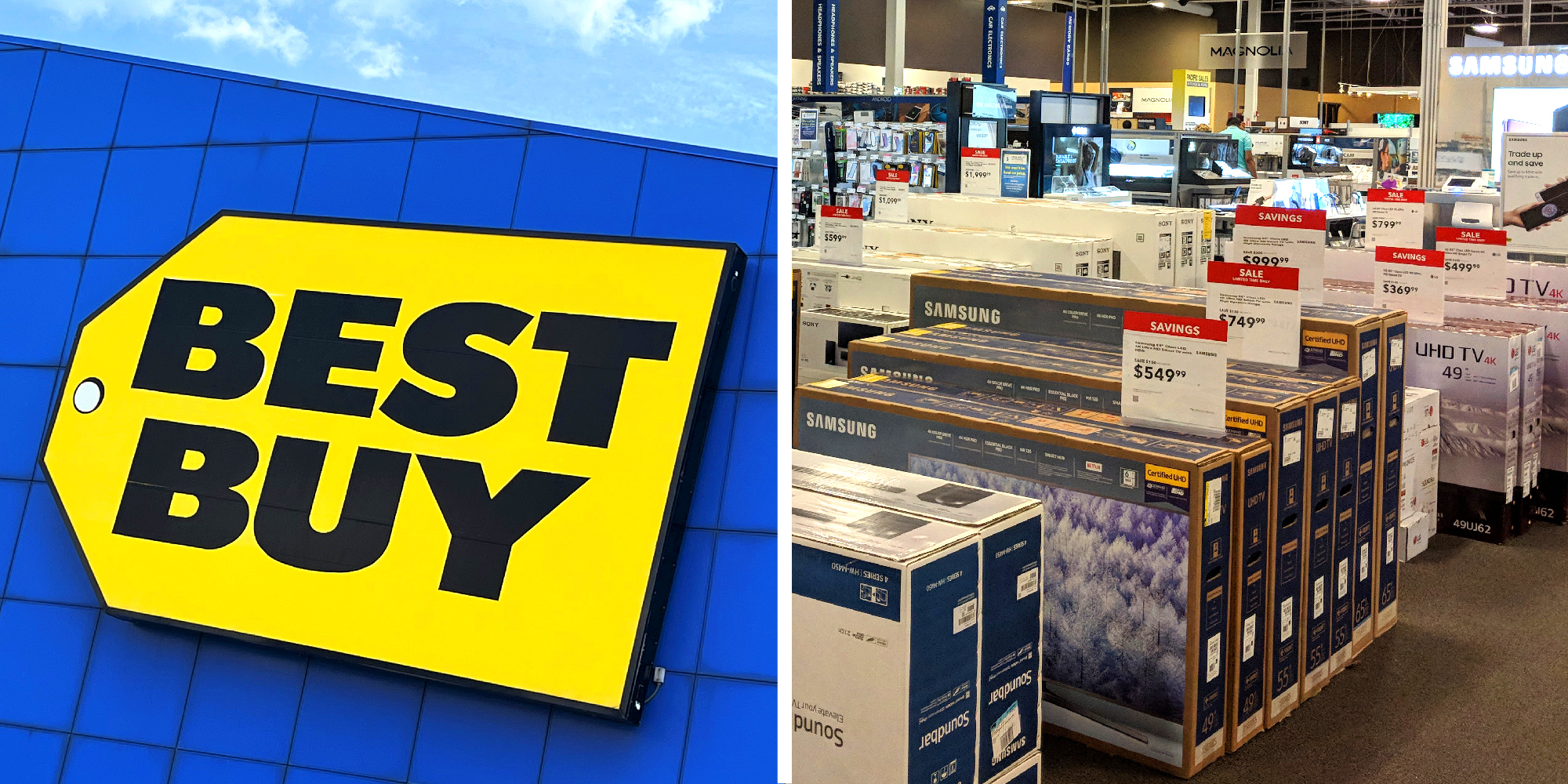 2 panel image: the best buy store on the left and the inside of the store with boxes of tvs.