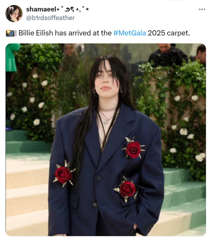 Tweet that reads, "Billie Eilish has arrived at the #MetGala 2025 carpet." with an AI-generated image of the singer.