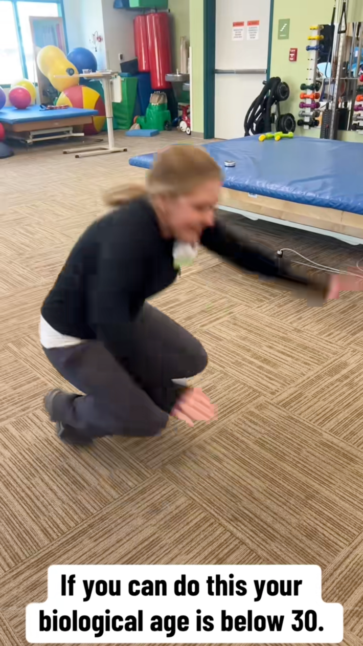 woman squat jumping with caption: if you can do this your biological age is below 30