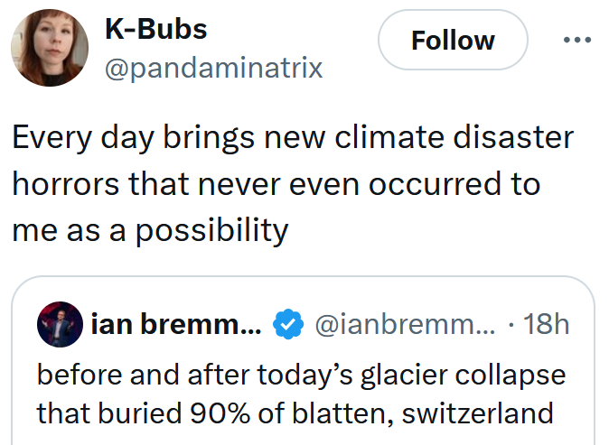 Tweet reading "Every day brings new climate disaster horrors that never even occurred to me as a possibility"
