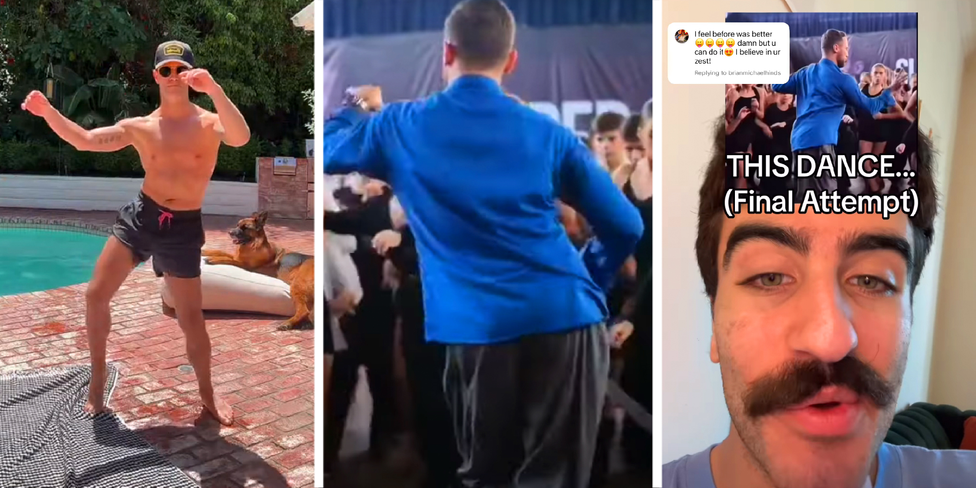 3 panel image of the Blue Shirt Guy dance trend.