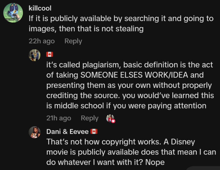 TikTok comment reading "If it is publicly available by searching it and going to images, then that is not stealing" and replies.