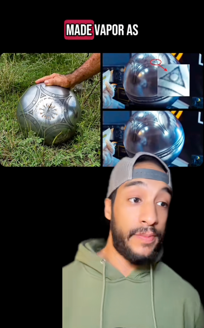 Photos of the UFO sphere found in Buga, Colombia with a TikToker explaining his conspiracy theory about it.