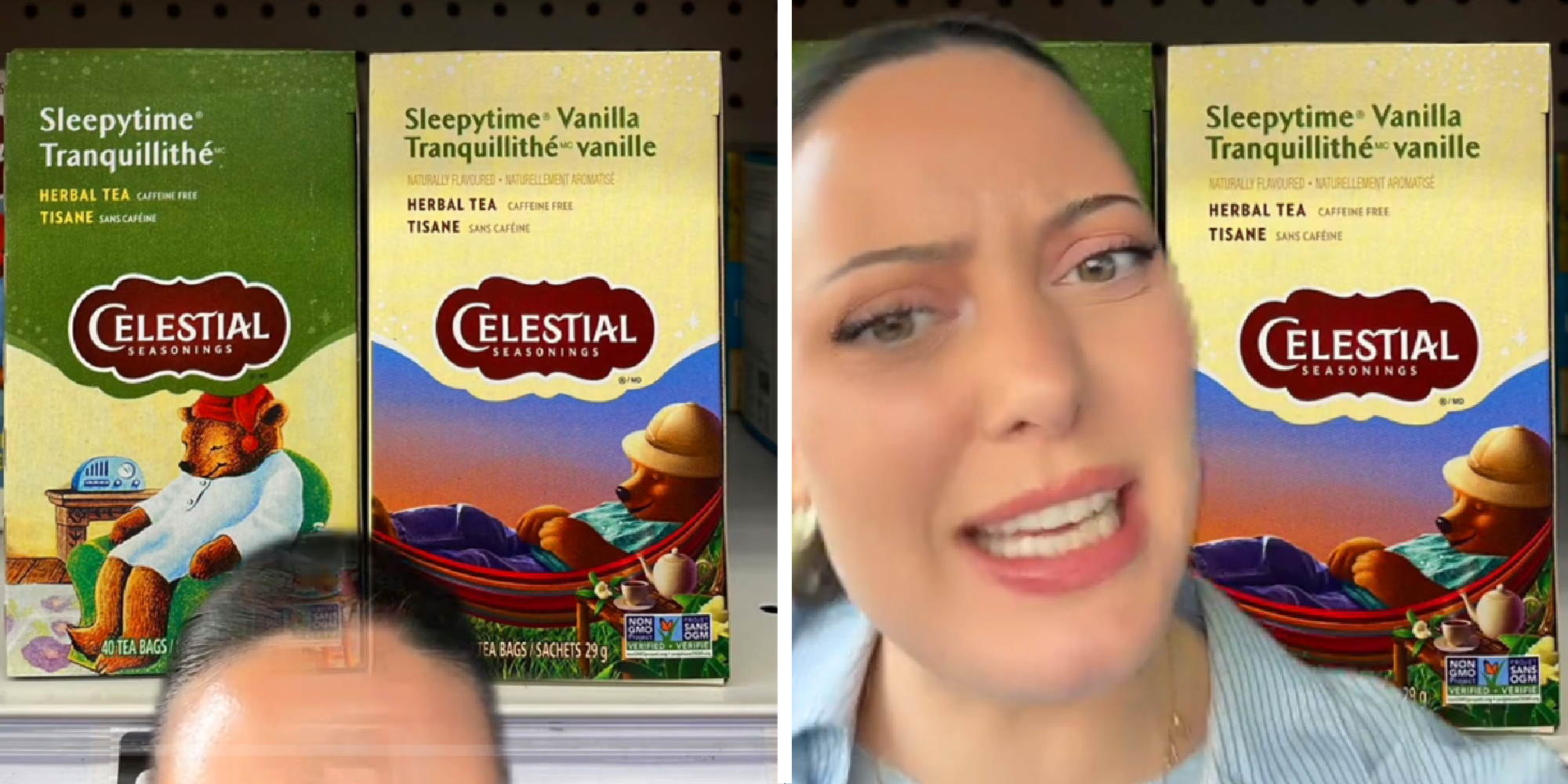 2 panel image of a shelf showing the old and new box designs for Sleepy Time Tea from Celestial Seasonings.