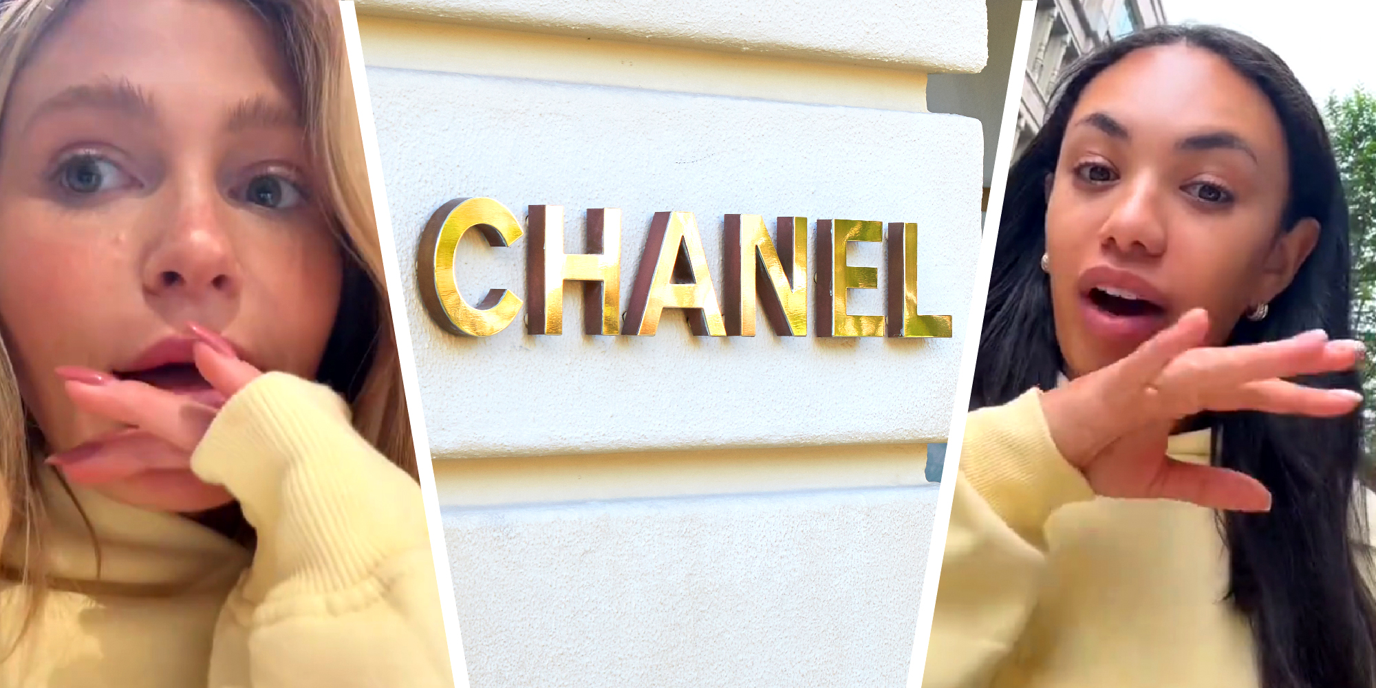 3 panel image showing 2 shoppers explaining their frustrating experience at a Chanel brand shop when trying to return allegedly faulty sandals.