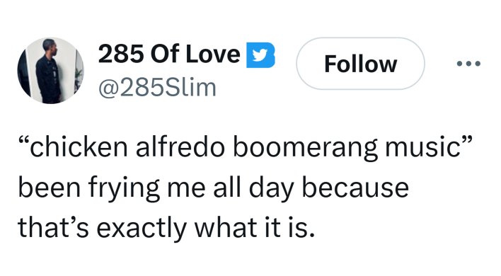 Tweet that says, "'chicken alfredo boomerang music' been frying me all day because that’s exactly what it is."
