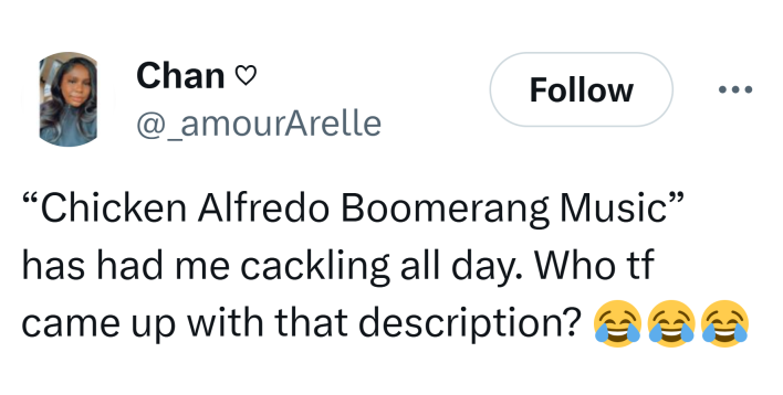 Tweet that says, "'Chicken Alfredo Boomerang Music' has had me cackling all day. Who tf came up with that description? (cry laughing emojis)"