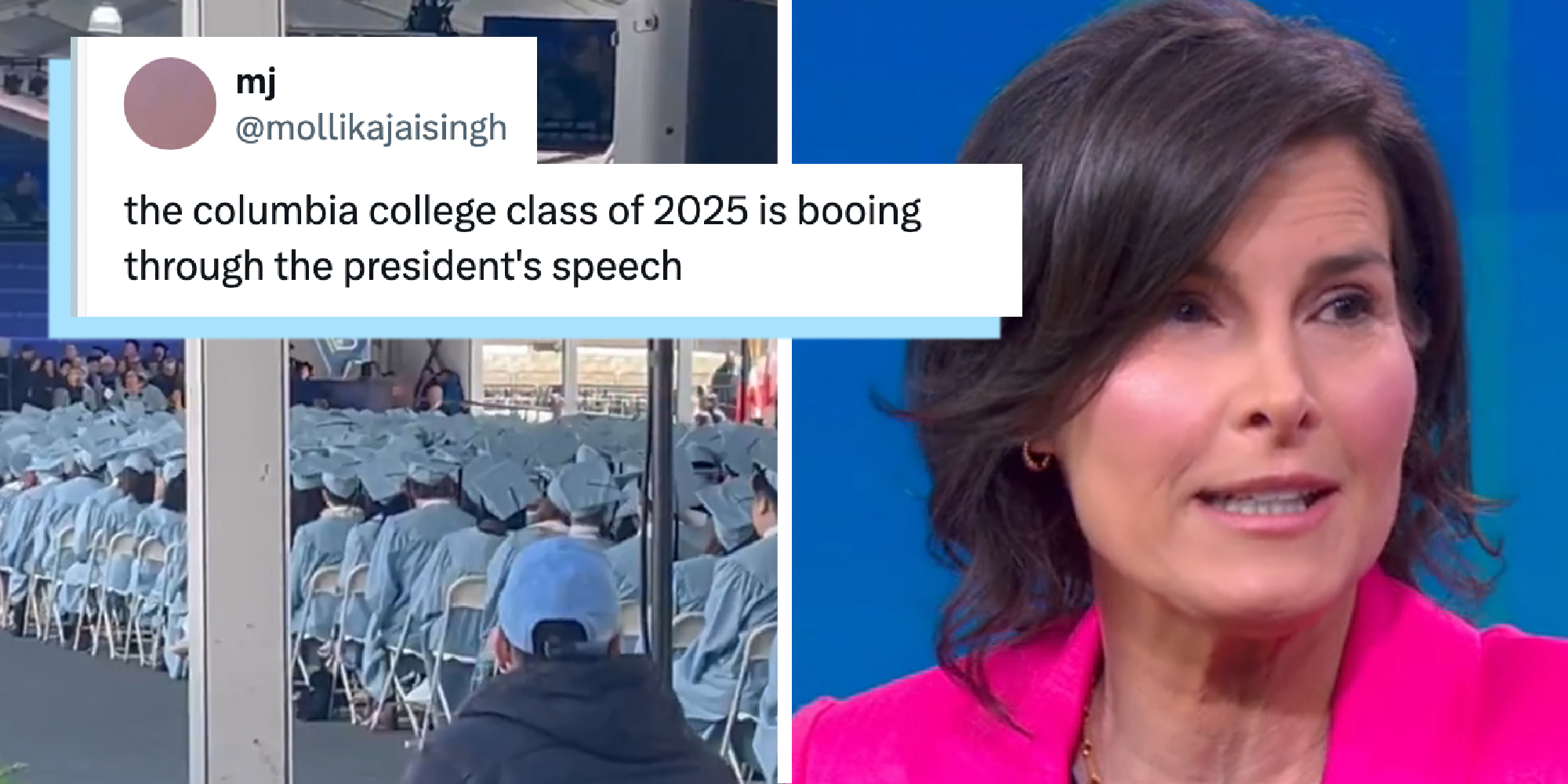 Image from a Columbia graduation ceremony and Columbia president, Claire Shipman, in an interview. A tweet overlaid reads: the columbia college class of 2025 is booing through the president's speech.