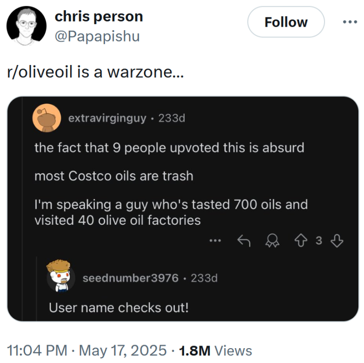 Tweet reading "r/oliveoil is a warzone…" with a Reddit screenshot displaying Costco olive oil discourse.