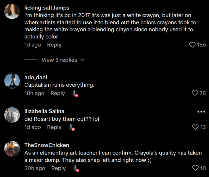 TikTok comments including one reading "I’m thinking it’s bc in 2017 it’s was just a white crayon, but later on when artists started to use it to blend out the colors crayons took to making the white crayon a blending crayon since nobody used it to actually color"