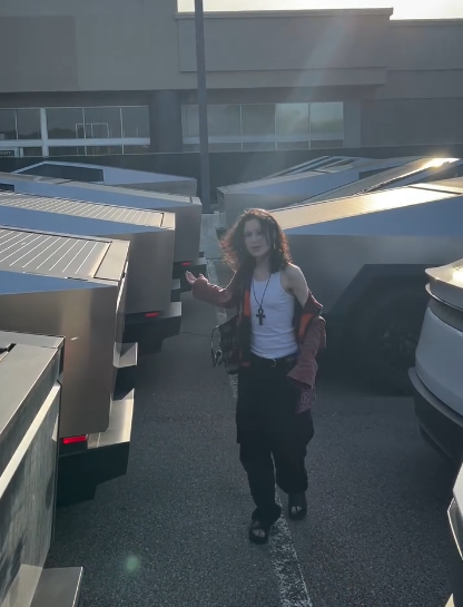 Instagram video of a woman walking among Cybertrucks parked in a mall lot.