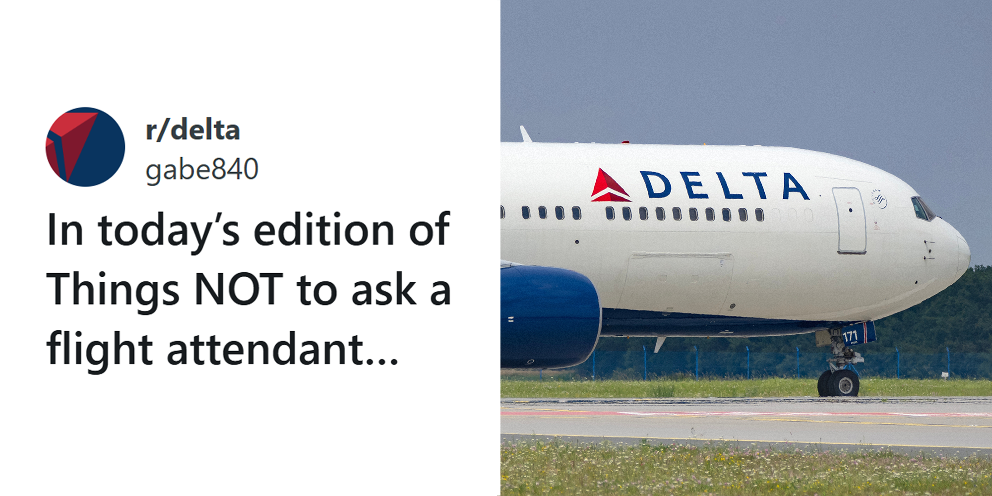 2 panel image. Reddit post that reads: "In today's edition of things not to ask a flight attendant..." on left. Delta airplane on right.