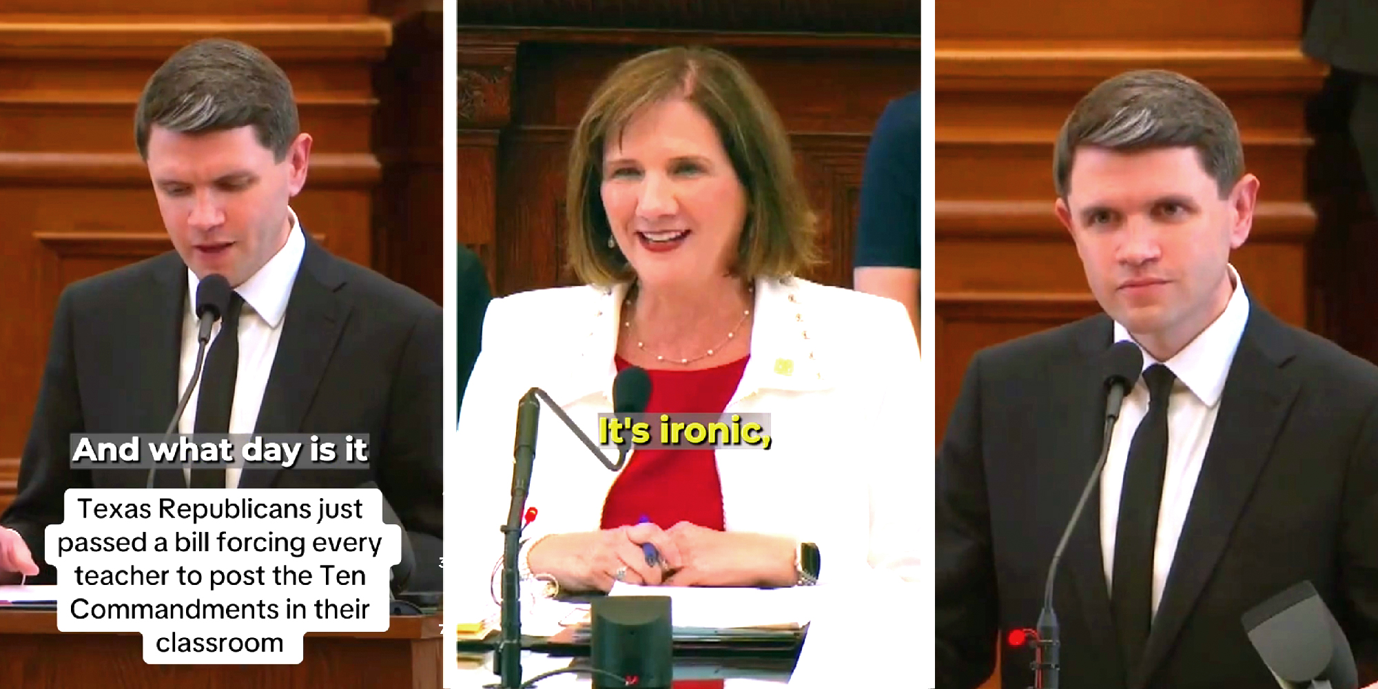 3 panel image of the incident mentioned. Text over: Texas Republicans just passed a bill forcing every teacher to post the Ten Commandments in their classroom.