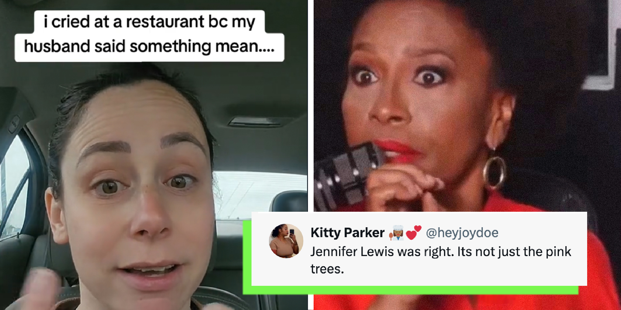 2 panel image of a person explaining in her car and looking sad. On the right is an interview with Jennifer Lewis telling an anectdote.