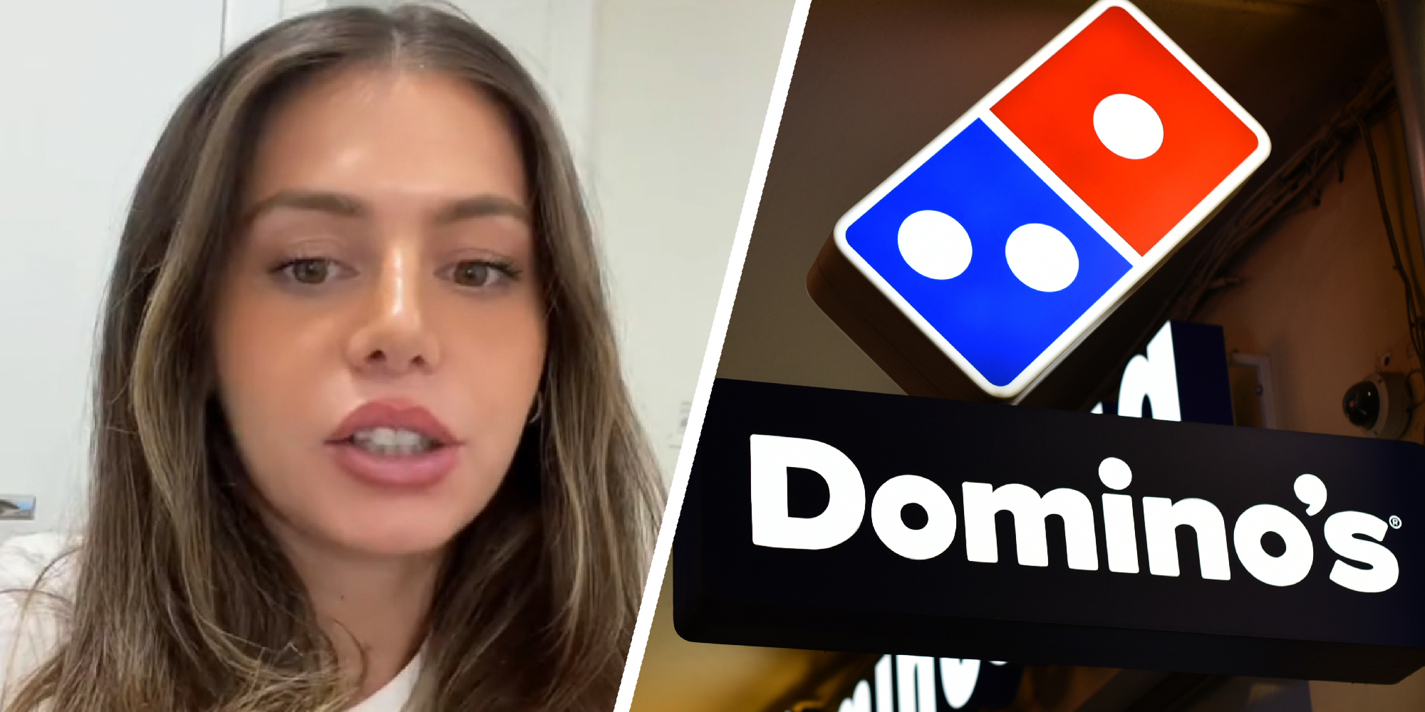 2 panel image of a person explaining and the Domino's Pizza logo.