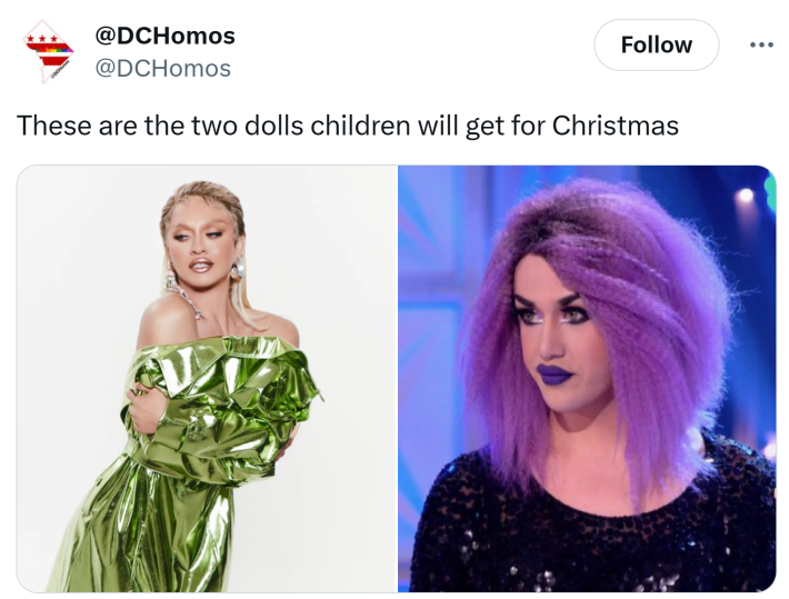 Tweet that reads, "These are the two dolls children will get for Christmas" with photos of Sasha Colby and Adore Delano.