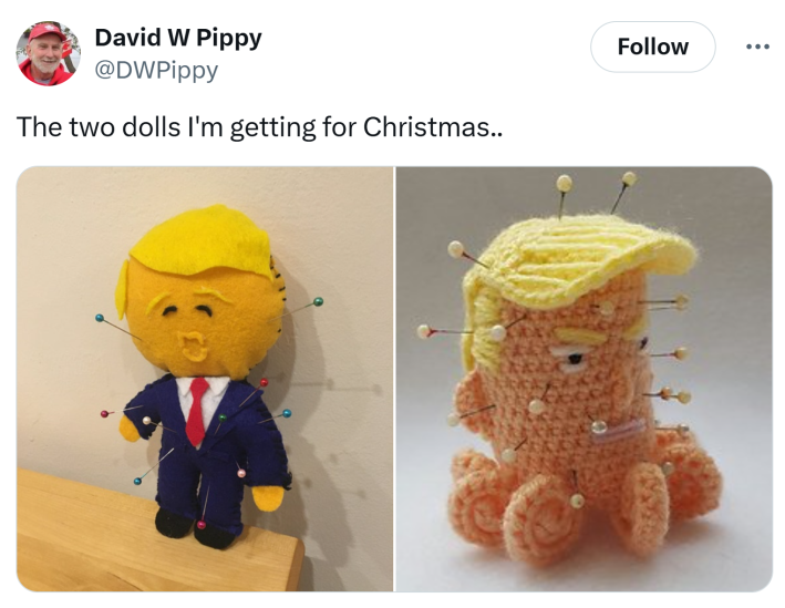 donny 2 dolls meme - Tweet that reads, "The two dolls I'm getting for Christmas.." with images of dolls in President Trump's likeness being used as pincushions.