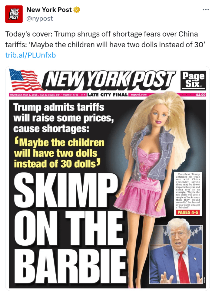 The 'New York Post' tweeting about their "Skimp on the Barbie" cover about Trump's dolls comment.