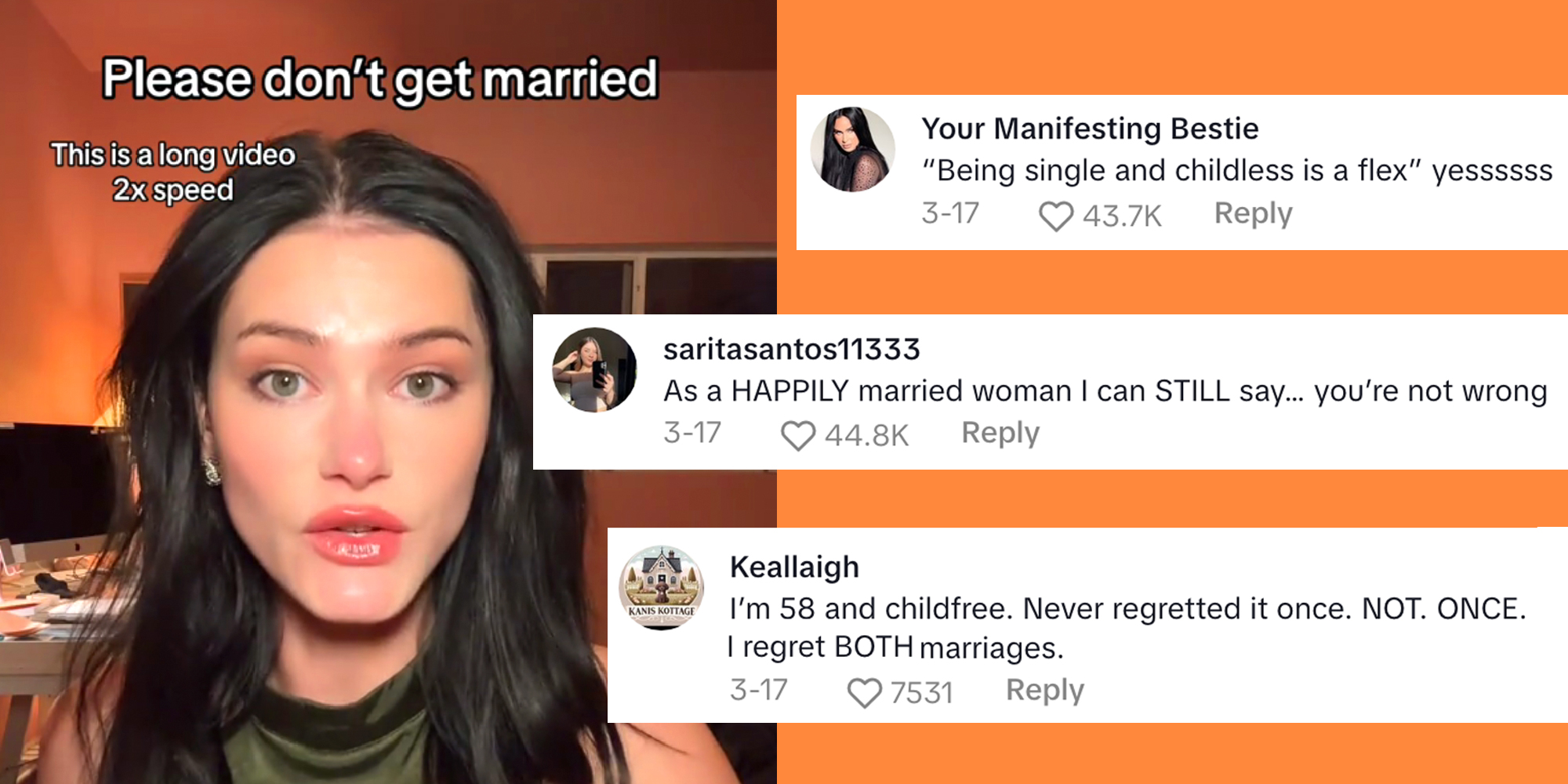 A person speaking with social post replies overlaid.