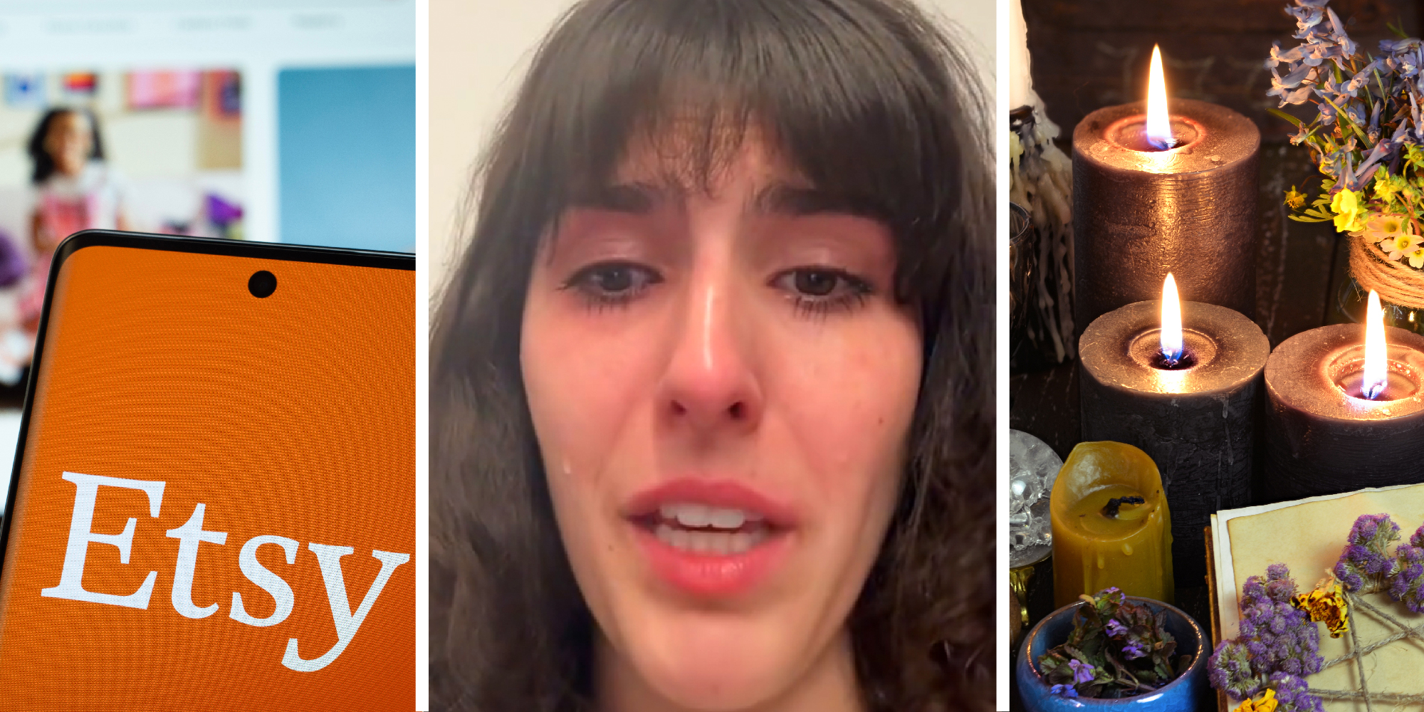 3 panel image of a person explaining, the Etsy logo on a phone, and candles and herbs typically used in witchcraft.