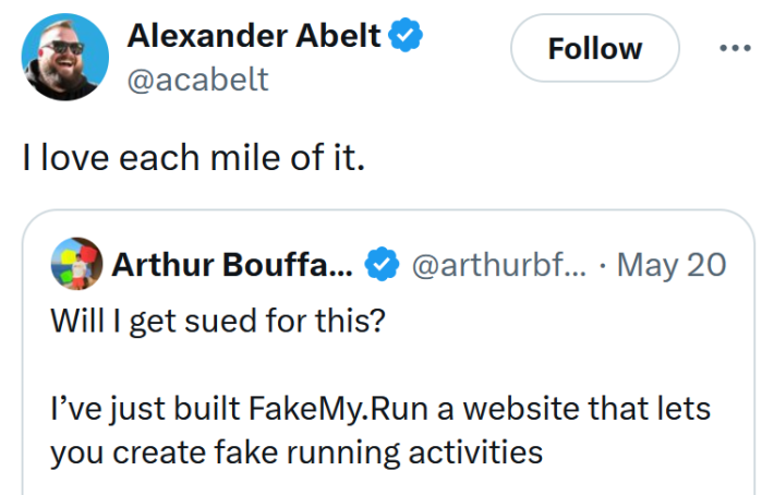 Tweet reading "I love each mile of it."