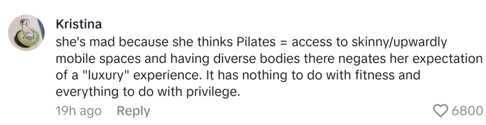 TikTok comment, text reads, "she's mad because she thinks Pilates = access to skinny/upwardly mobile spaces and having diverse bodies there negates her expectation of a 'luxury' experience. It has nothing to do with fitness and everything to do with privilege."