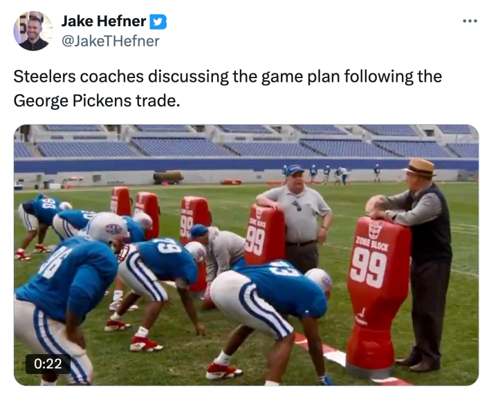 Tweet that says, "Steelers coaches discussing the game plan following the George Pickens trade." with a video of two fictional coaches talking while at training with their football players.