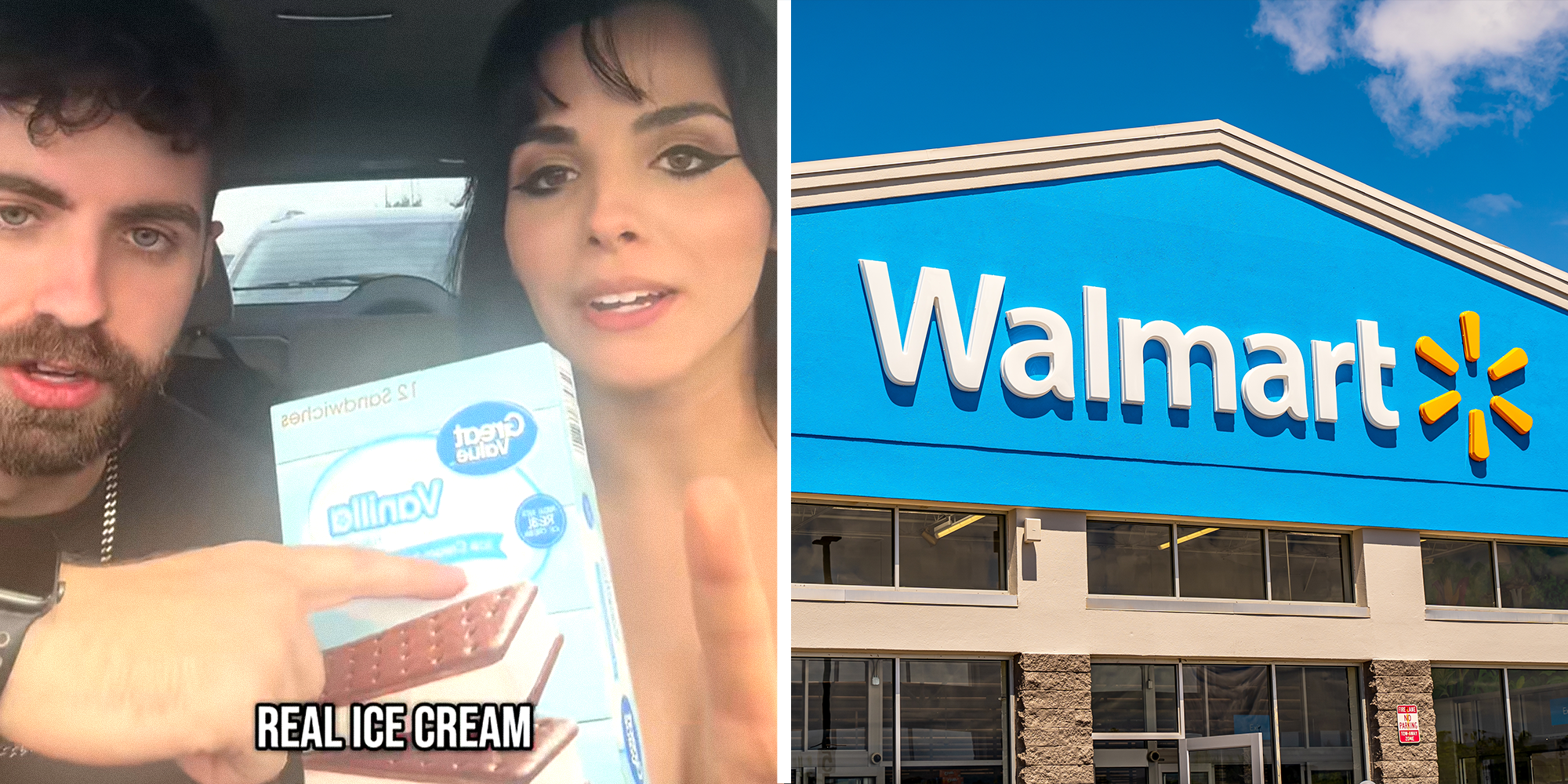 2 panel image. Couple in car with ice cream sandwich box and caption that reads: "Real ice cream" on left. Walmart on right.