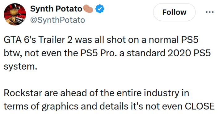 GTA 6 Trailer 2 tweet reading "GTA 6's Trailer 2 was all shot on a normal PS5 btw, not even the PS5 Pro. a standard 2020 PS5 system. Rockstar are ahead of the entire industry in terms of graphics and details it's not even CLOSE"