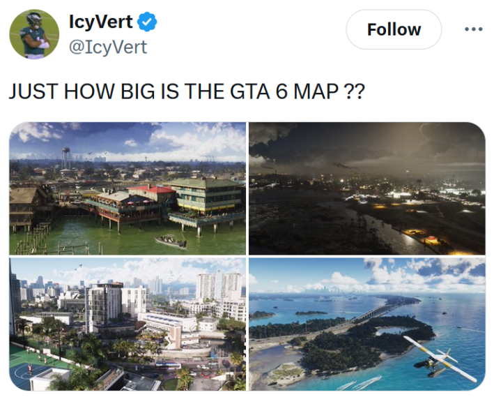 GTA 6 Trailer 2 tweet reading "JUST HOW BIG IS THE GTA 6 MAP ??"