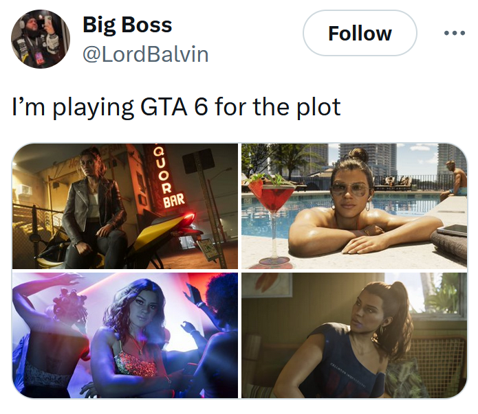 GTA 6 Trailer 2 tweet reading "I’m playing GTA 6 for the plot"