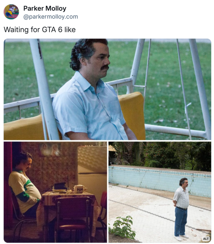 Post about GTA 6 getting delayed. Text reads, "Waiting for GTA 6 like" with photos of a man waiting (im)patiently.