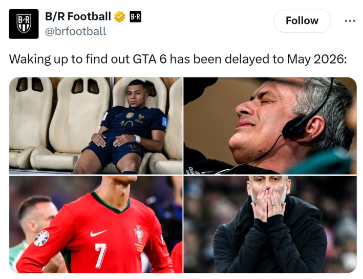 Post about GTA 6 getting delayed. Text reads, "Waking up to find out GTA 6 has been delayed to May 2026:" with four photos of unhappy sports team players and coaches.