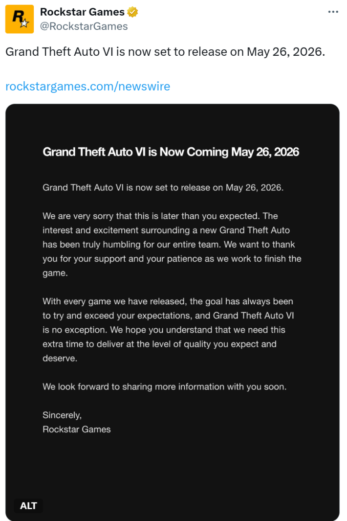 Announcement from Rockstar Games that GTA 6 is delayed.