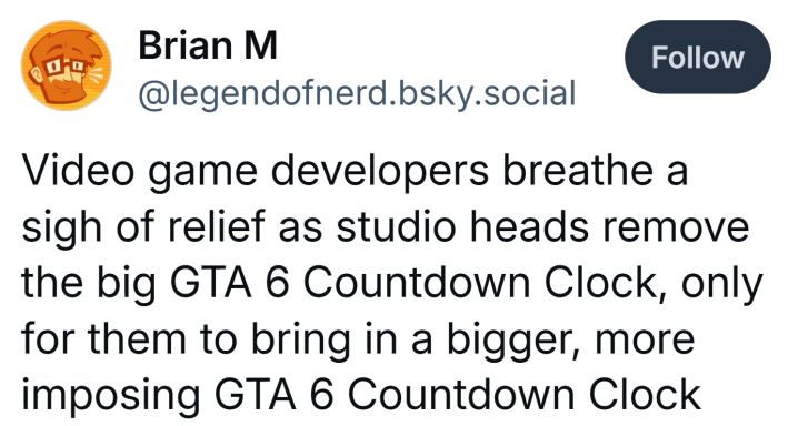 Post about GTA 6 getting delayed. Text reads, "Video game developers breathe a sigh of relief as studio heads remove the big GTA 6 Countdown Clock, only for them to bring in a bigger, more imposing GTA 6 Countdown Clock"