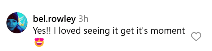 Instagram comment, text reads, "Yes!! I loved seeing it get it's moment (heart eyes emoji)"