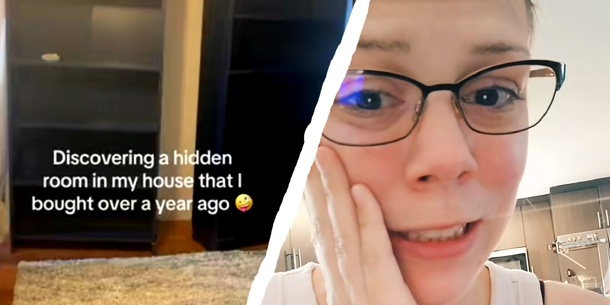 2 panel image of the hidden room mentioned and the homeowner looking fearful.