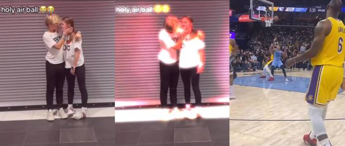 Holy airball TikTok video with three frames showing a guy trying to kiss a woman and her pulling away followed by a shot of a basketball playing missing the basket.