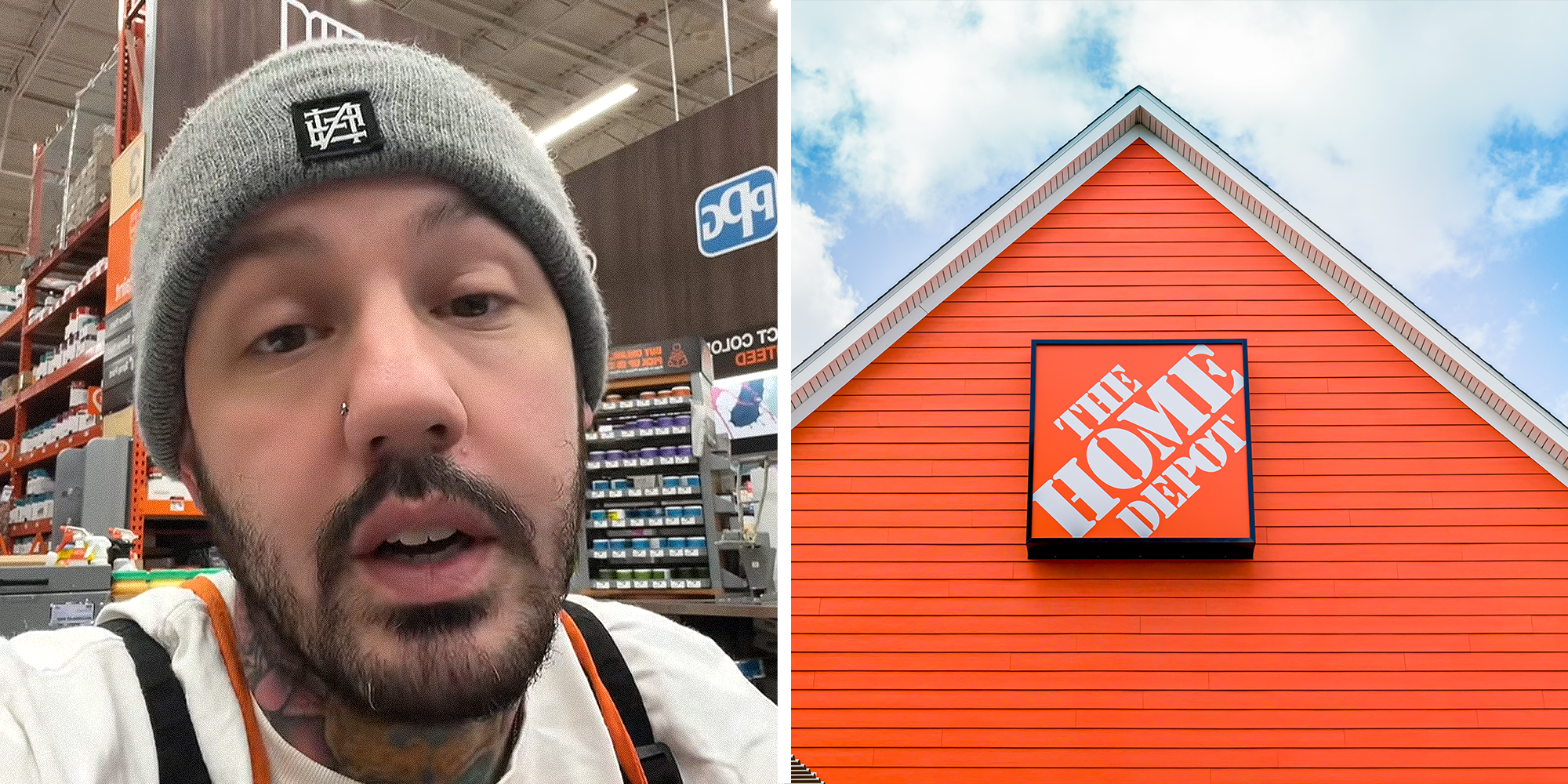 Two image panel. Home Depot employee on left. Home Depot on right.
