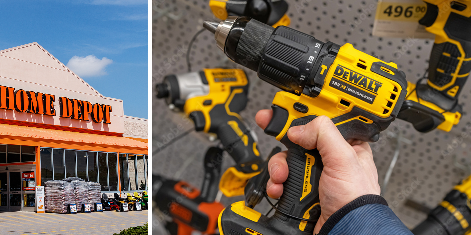 Left; Orange Home Depot storefront Right; yellow and black DeWalt electric drill